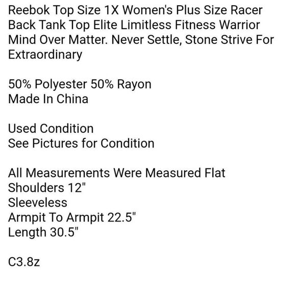 Reebok Top Size 1X Women's Plus Size Racer Back Tank Top Elite Limitless Fitness - Picture 7 of 7